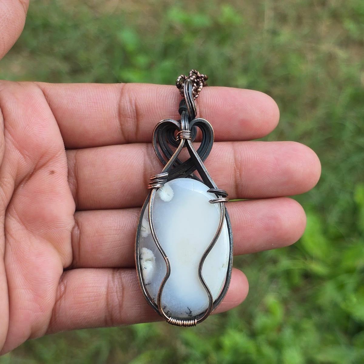 Dendrite Opal Gemstone Handmade Copper Wire Wrap Chain Pendant 2.95" Sunkarton