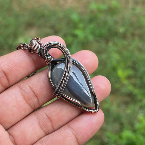 Montana Agate Gemstone Handmade Copper Wire Wrap Chain Pendant 2.36