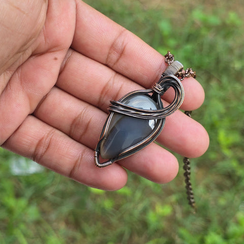 Montana Agate Gemstone Handmade Copper Wire Wrap Chain Pendant 2.36