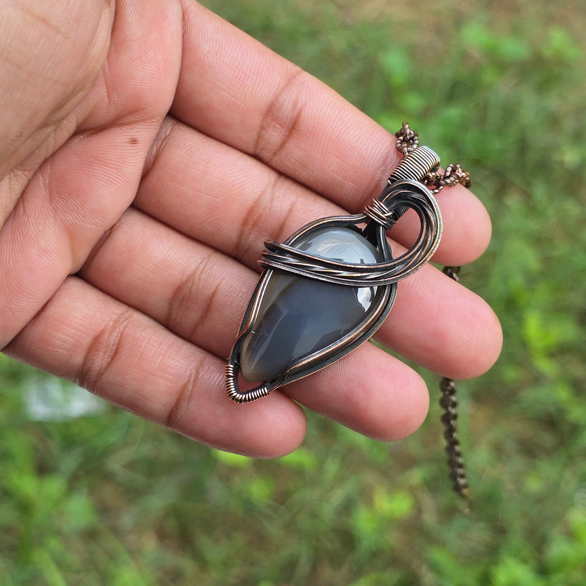Montana Agate Gemstone Handmade Copper Wire Wrap Chain Pendant 2.36" Sunkarton