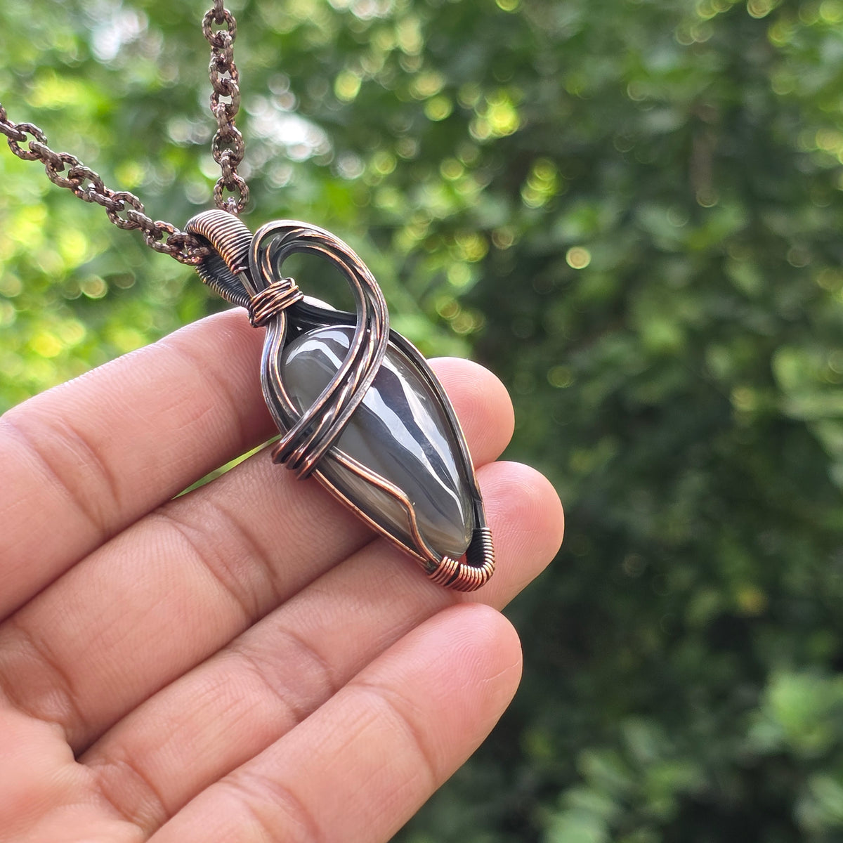 Montana Agate Gemstone Handmade Copper Wire Wrap Chain Pendant 2.36" Sunkarton