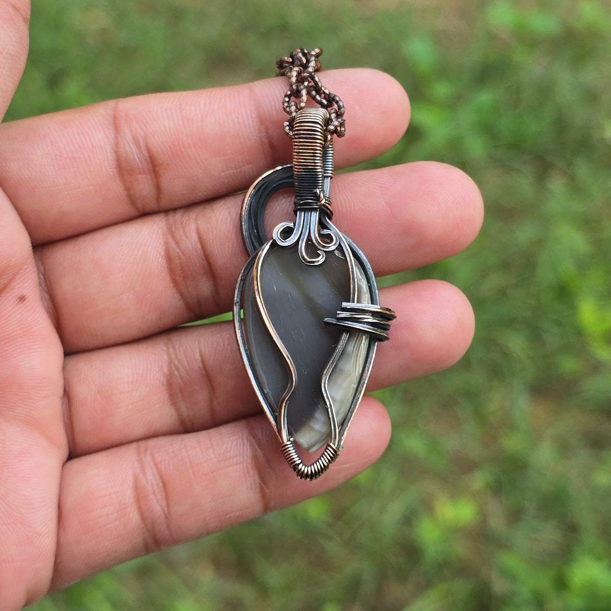 Montana Agate Gemstone Handmade Copper Wire Wrap Chain Pendant 2.36" Sunkarton