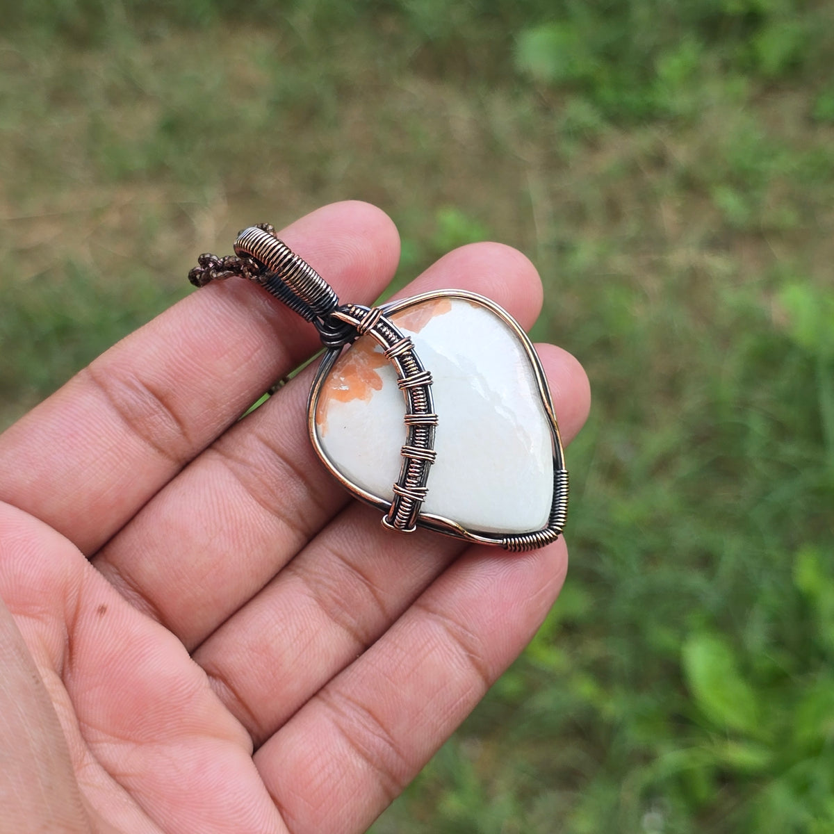 Scolecite  Gemstone Handmade Copper Wire Wrap Chain Pendant 2.55" Sunkarton