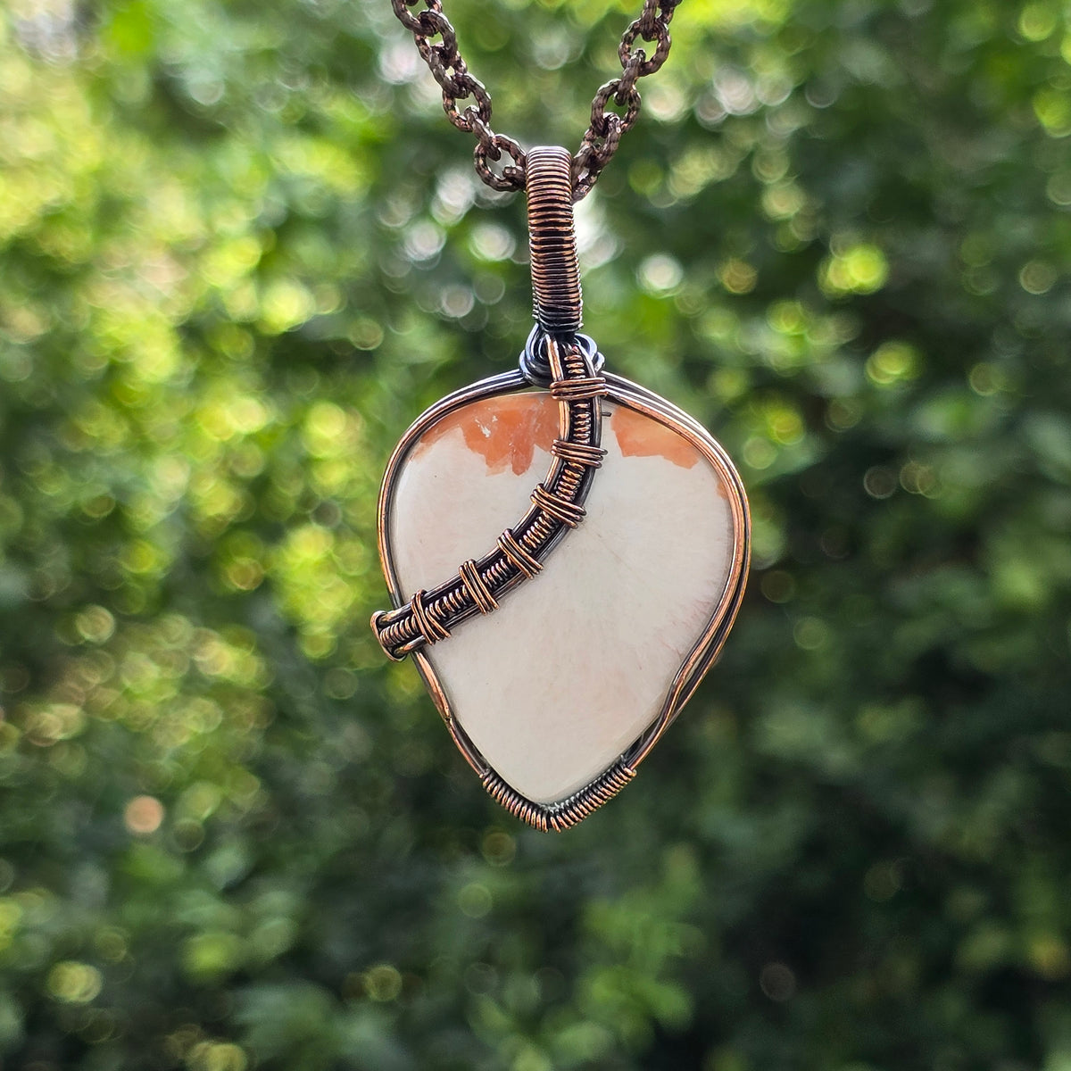 Scolecite  Gemstone Handmade Copper Wire Wrap Chain Pendant 2.55" Sunkarton