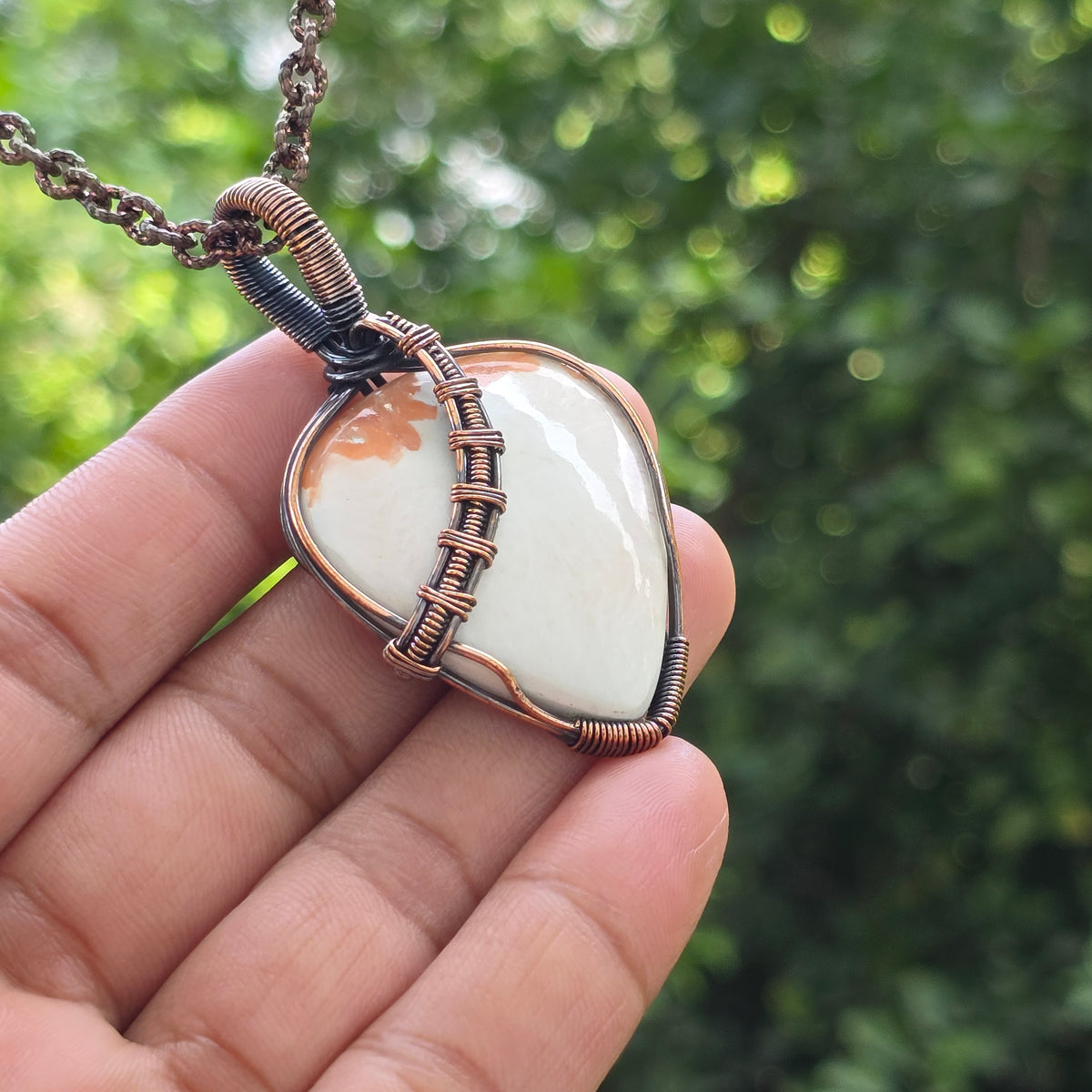 Scolecite  Gemstone Handmade Copper Wire Wrap Chain Pendant 2.55" Sunkarton