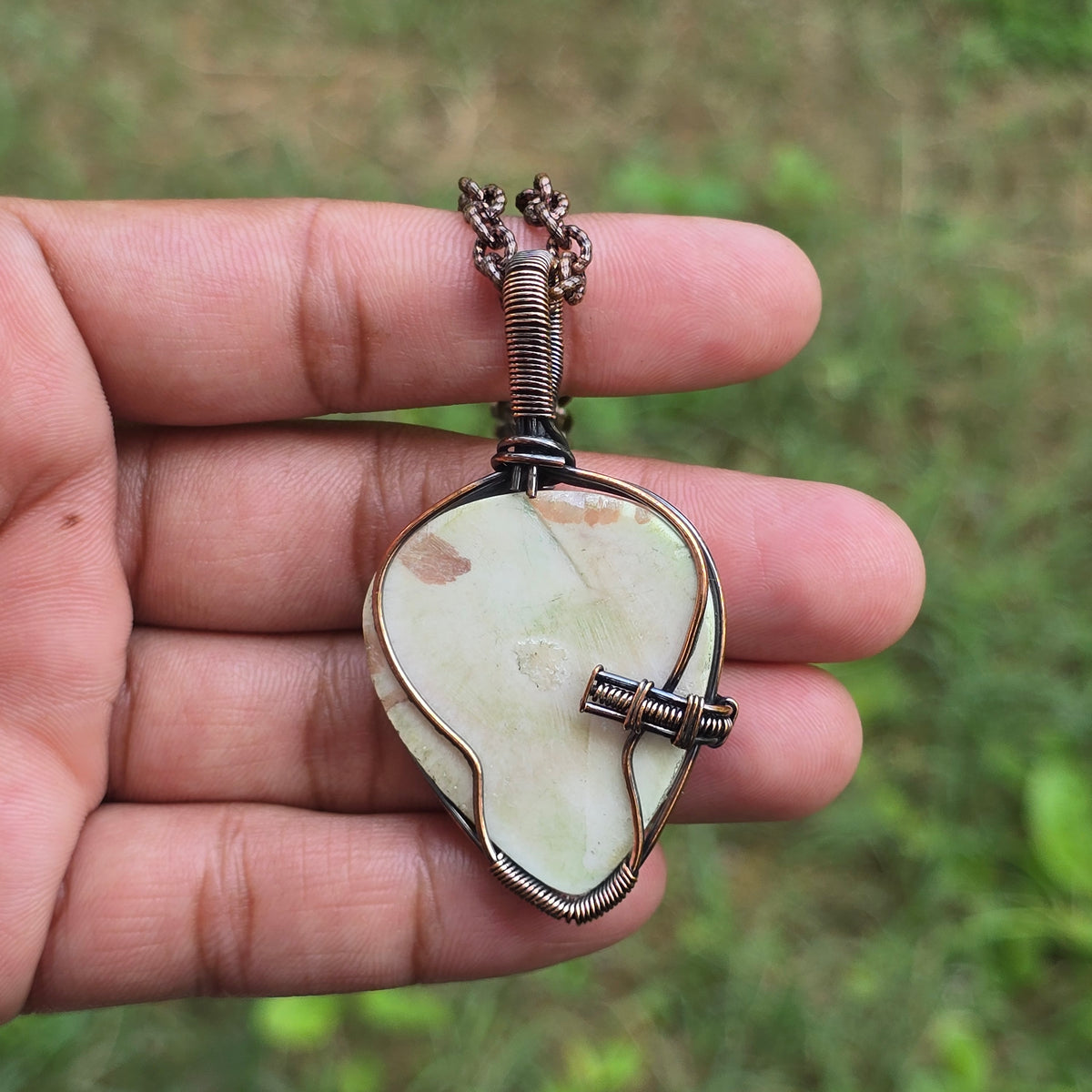 Scolecite  Gemstone Handmade Copper Wire Wrap Chain Pendant 2.55" Sunkarton
