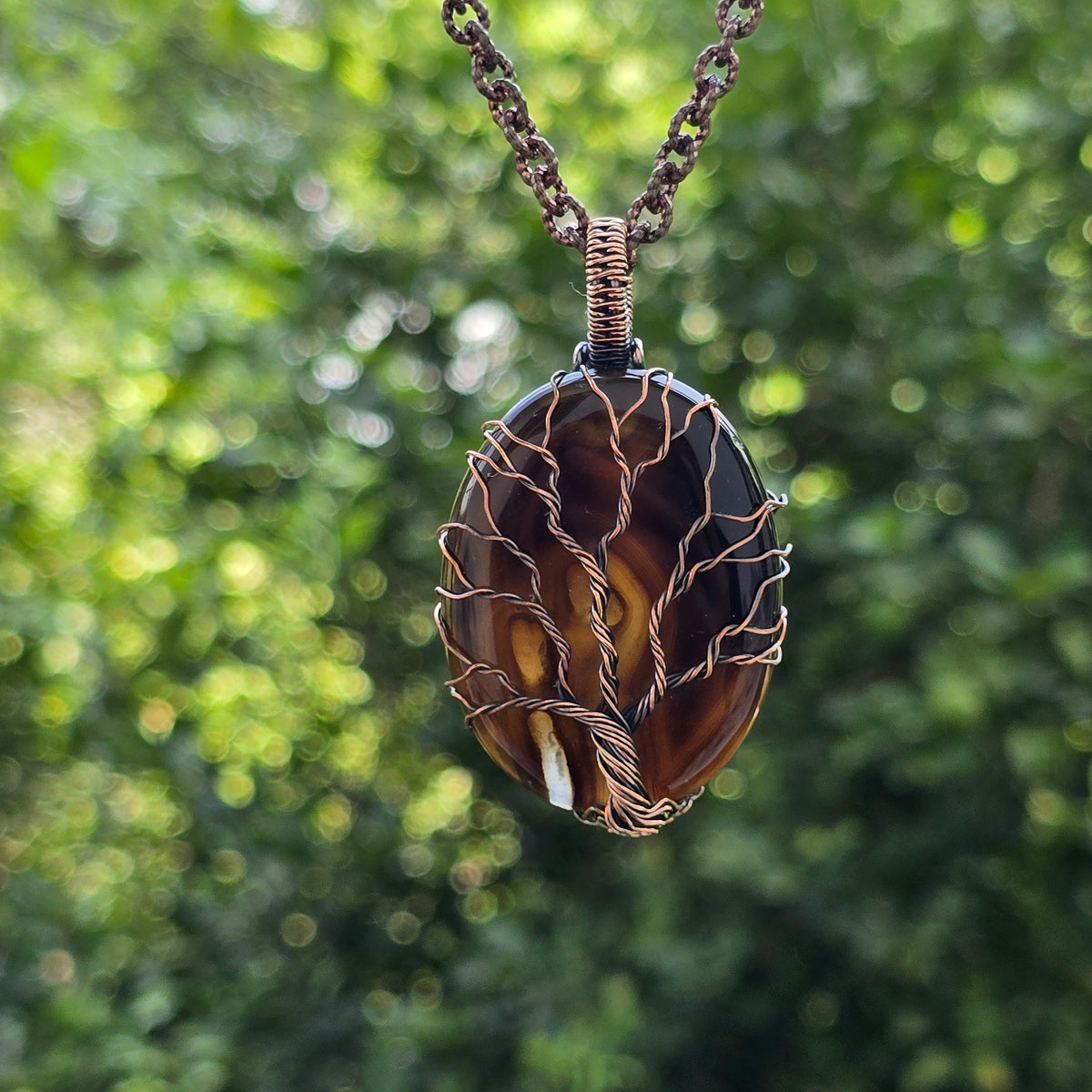 Montana Agate Gemstone Handmade Copper Wire Wrap Chain Pendant 2.55" Sunkarton