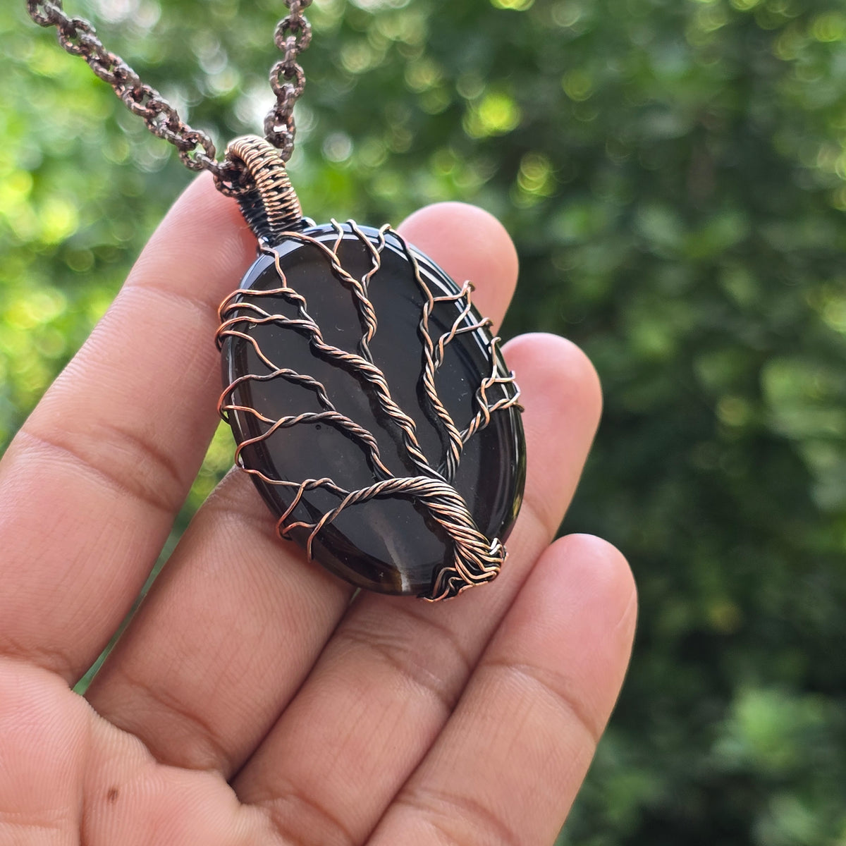 Montana Agate Gemstone Handmade Copper Wire Wrap Chain Pendant 2.55" Sunkarton