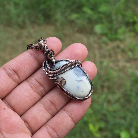 Dendrite Opal Gemstone Handmade Copper Wire Wrap Chain Pendant 2.16