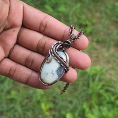 Dendrite Opal Gemstone Handmade Copper Wire Wrap Chain Pendant 2.16" Sunkarton