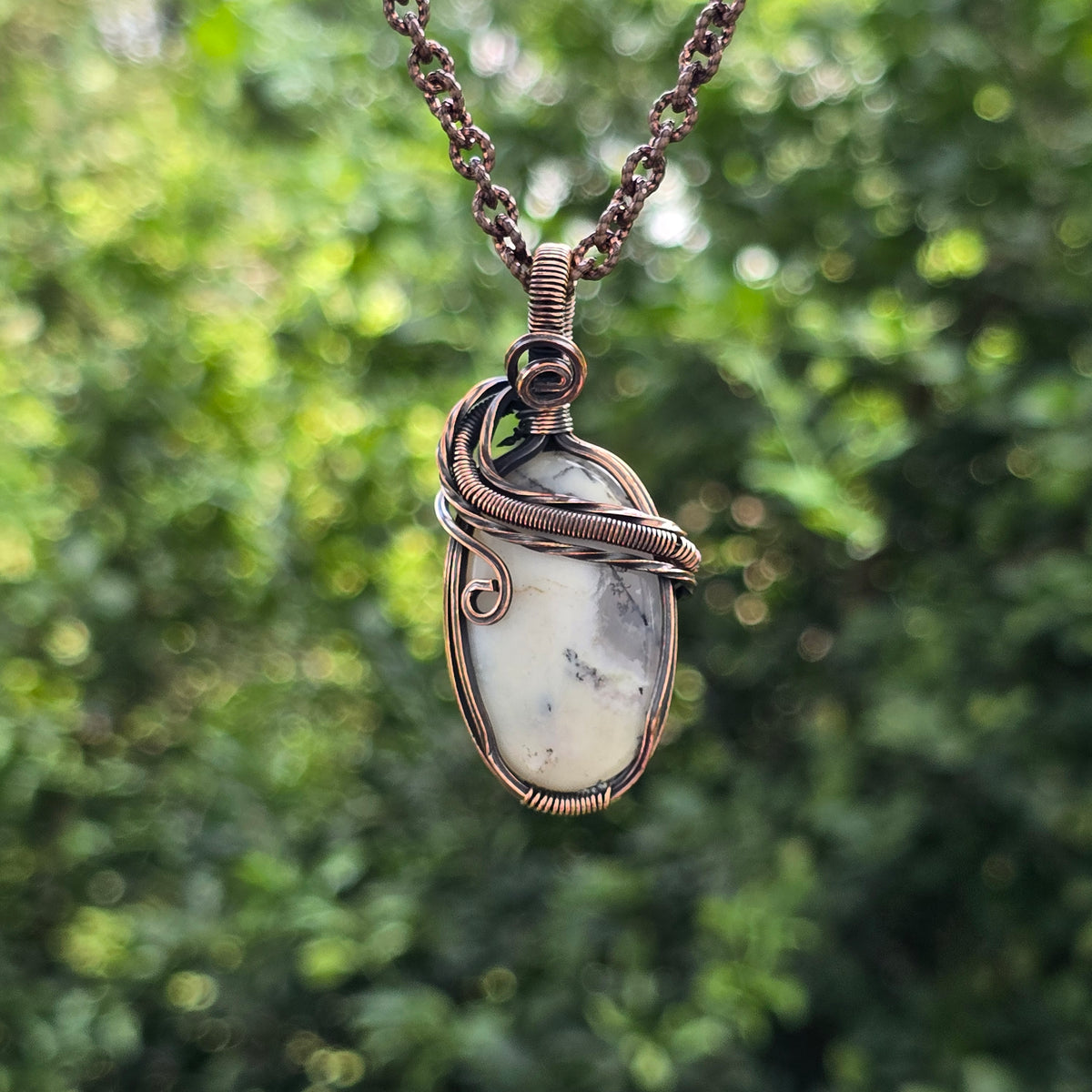 Dendrite Opal Gemstone Handmade Copper Wire Wrap Chain Pendant 2.16" Sunkarton