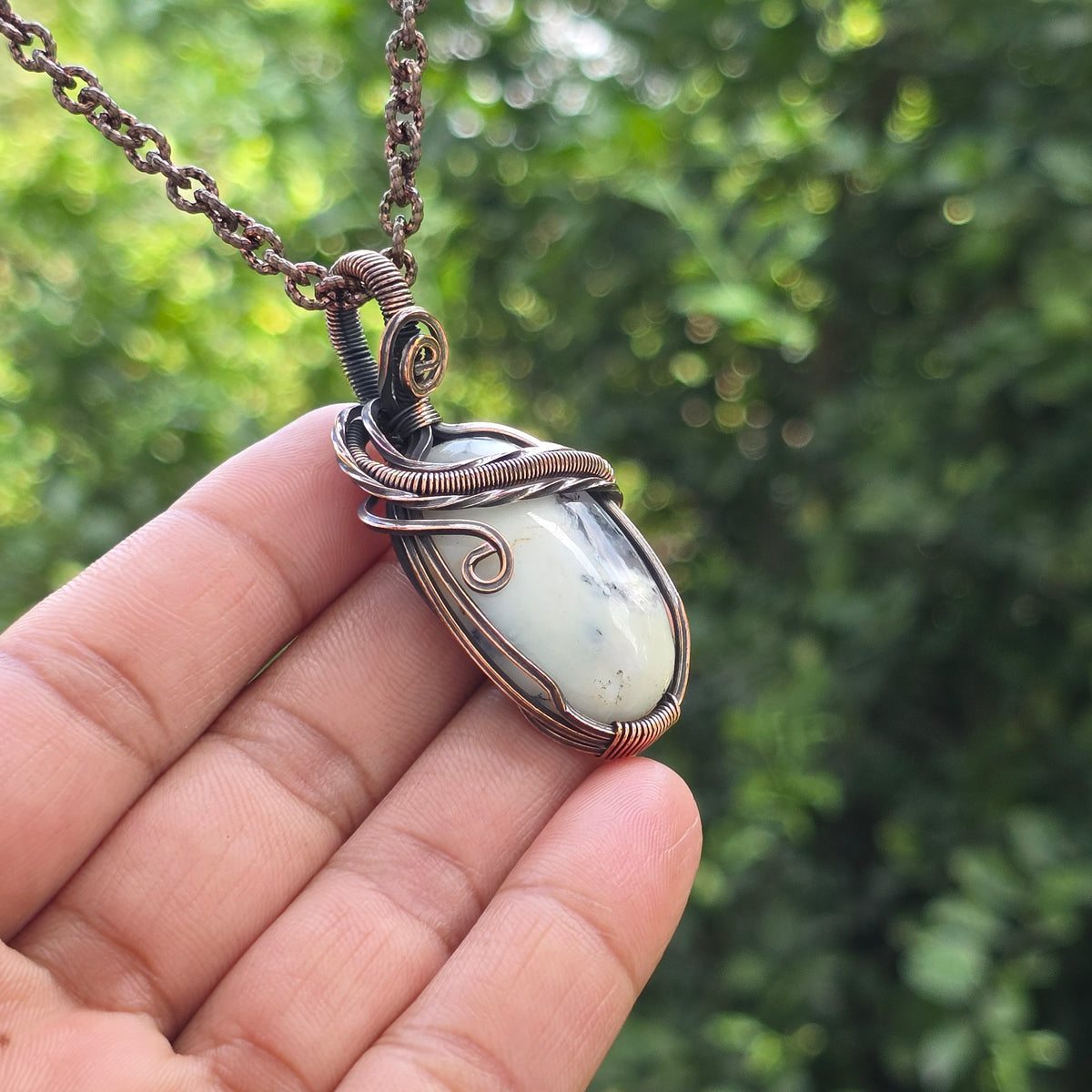 Dendrite Opal Gemstone Handmade Copper Wire Wrap Chain Pendant 2.16" Sunkarton