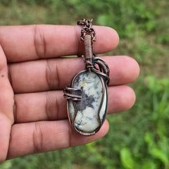 Dendrite Opal Gemstone Handmade Copper Wire Wrap Chain Pendant 2.16" Sunkarton