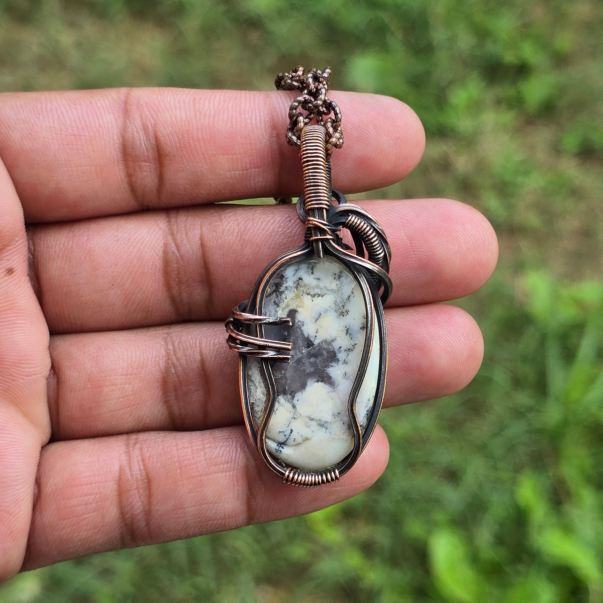 Dendrite Opal Gemstone Handmade Copper Wire Wrap Chain Pendant 2.16" Sunkarton