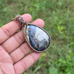 Dendrite Opal Gemstone Handmade Copper Wire Wrap Chain Pendant 2.75" Sunkarton