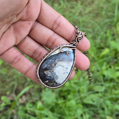 Dendrite Opal Gemstone Handmade Copper Wire Wrap Chain Pendant 2.75" Sunkarton