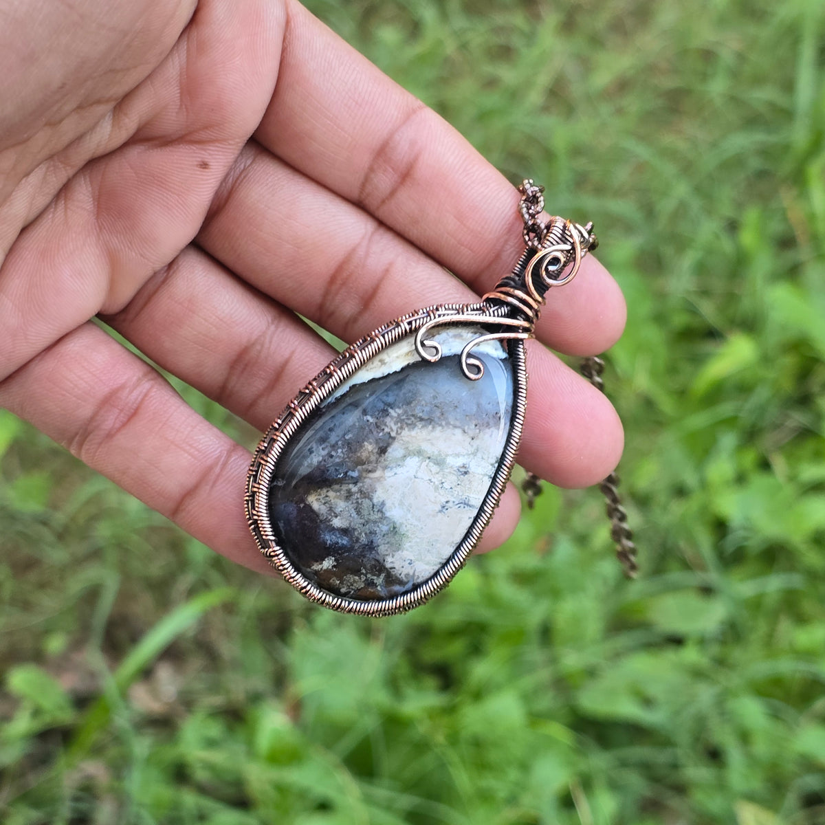 Dendrite Opal Gemstone Handmade Copper Wire Wrap Chain Pendant 2.75" Sunkarton