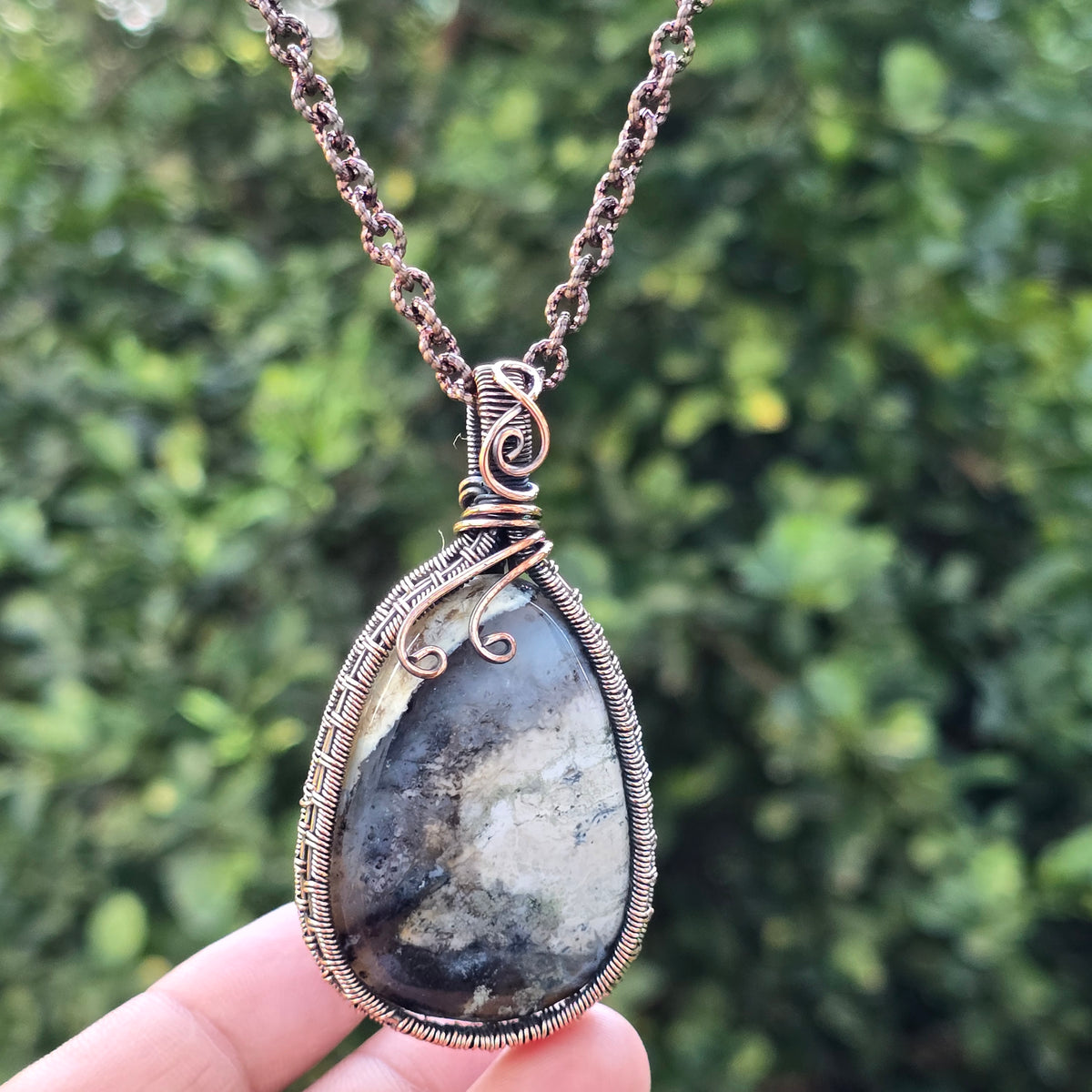 Dendrite Opal Gemstone Handmade Copper Wire Wrap Chain Pendant 2.75" Sunkarton