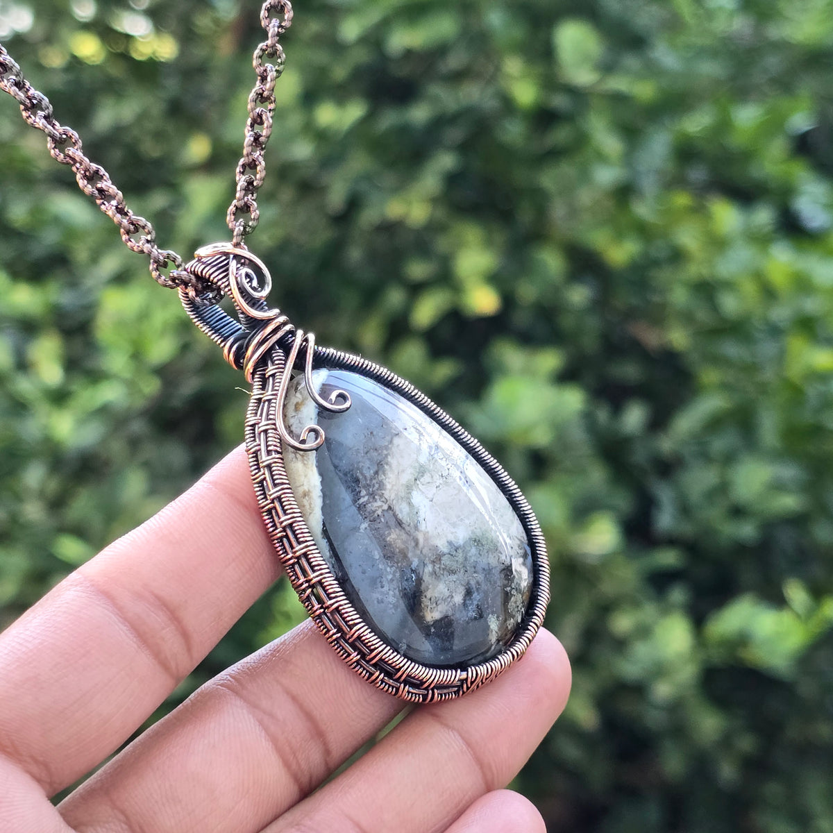 Dendrite Opal Gemstone Handmade Copper Wire Wrap Chain Pendant 2.75" Sunkarton