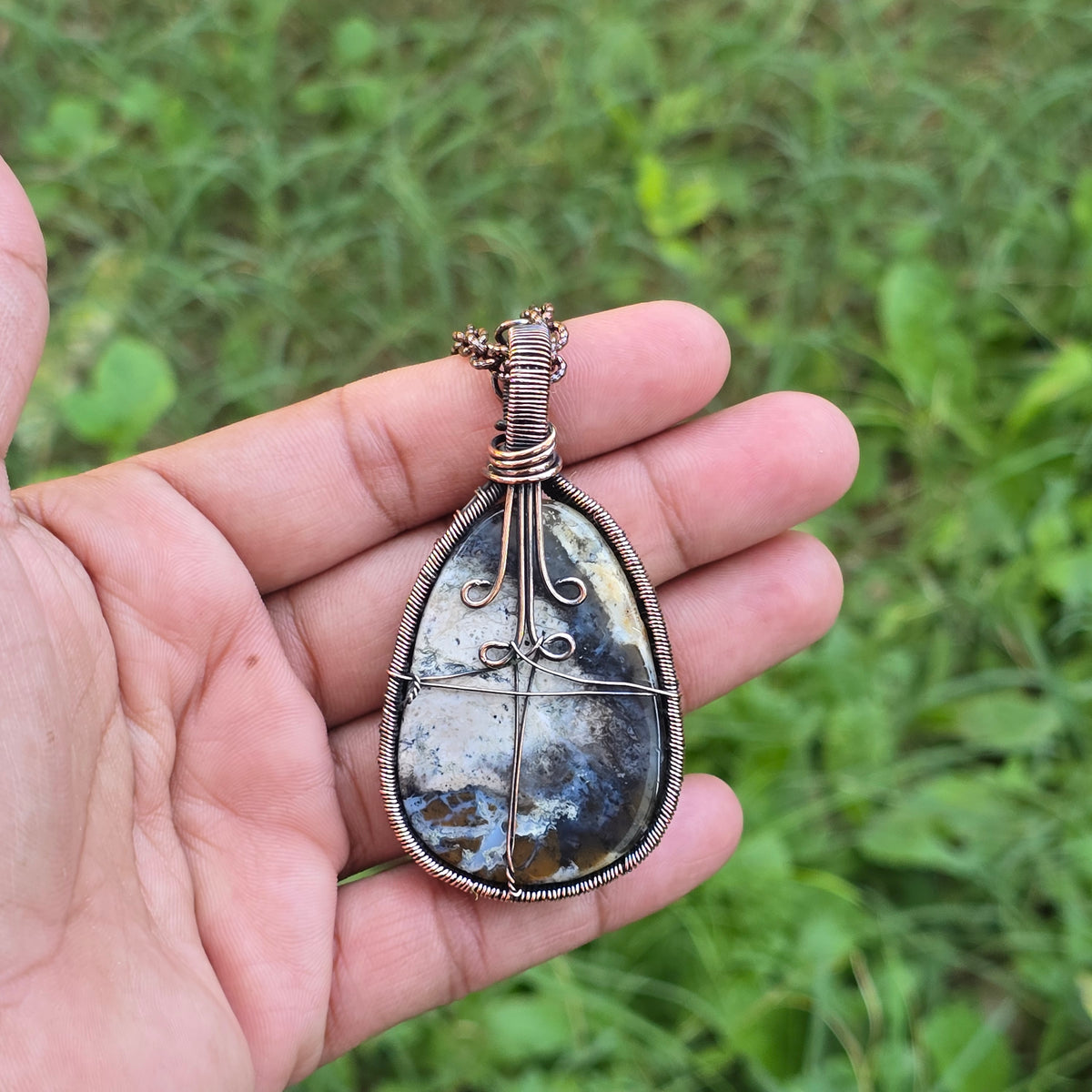 Dendrite Opal Gemstone Handmade Copper Wire Wrap Chain Pendant 2.75" Sunkarton