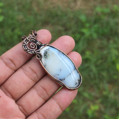 Dendrite Opal Gemstone Handmade Copper Wire Wrap Chain Pendant 2.55" Sunkarton