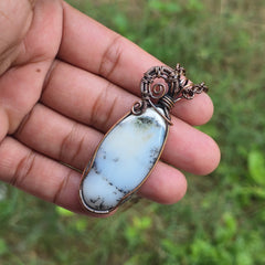 Dendrite Opal Gemstone Handmade Copper Wire Wrap Chain Pendant 2.55" Sunkarton