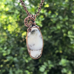 Dendrite Opal Gemstone Handmade Copper Wire Wrap Chain Pendant 2.55" Sunkarton