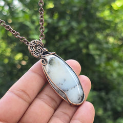 Dendrite Opal Gemstone Handmade Copper Wire Wrap Chain Pendant 2.55" Sunkarton
