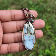Dendrite Opal Gemstone Handmade Copper Wire Wrap Chain Pendant 2.55" Sunkarton