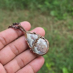 Laguna Lace Agate Gemstone Handmade Copper Wire Wrap Chain Pendant 2.16" Sunkarton