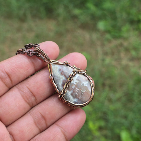Laguna Lace Agate Gemstone Handmade Copper Wire Wrap Chain Pendant 2.16