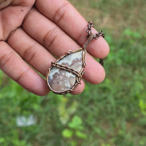 Laguna Lace Agate Gemstone Handmade Copper Wire Wrap Chain Pendant 2.16