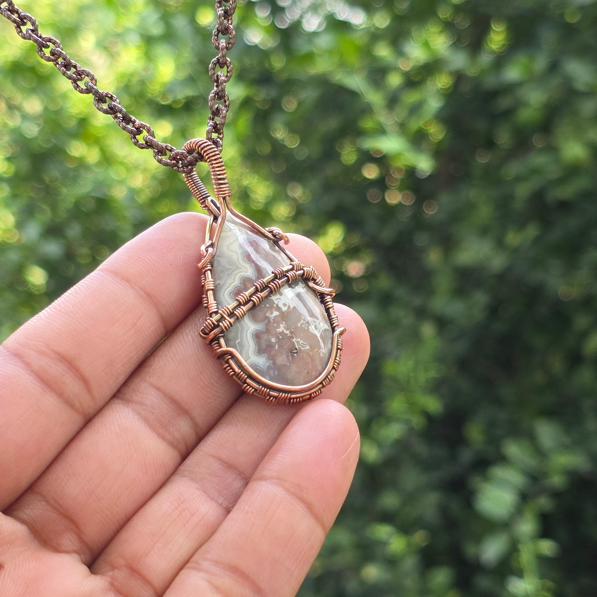 Laguna Lace Agate Gemstone Handmade Copper Wire Wrap Chain Pendant 2.16" Sunkarton