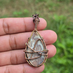 Laguna Lace Agate Gemstone Handmade Copper Wire Wrap Chain Pendant 2.16" Sunkarton