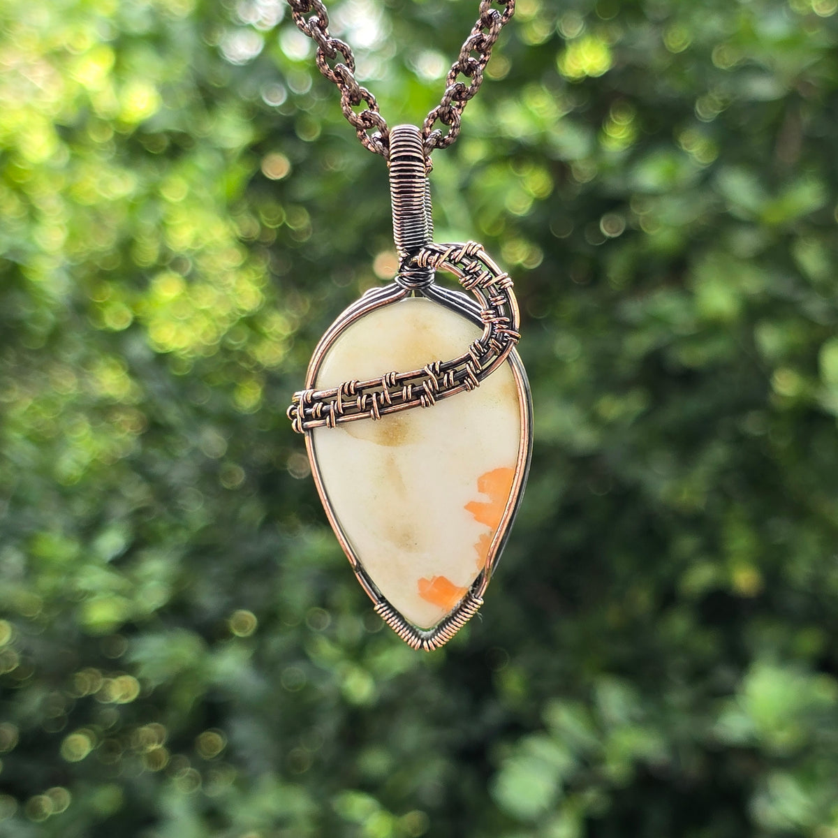 Scolecite  Gemstone Handmade Copper Wire Wrap Chain Pendant 2.55" Sunkarton