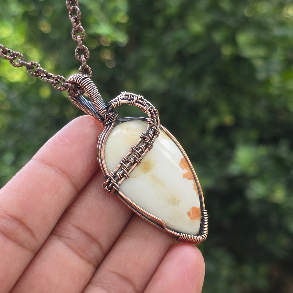 Scolecite  Gemstone Handmade Copper Wire Wrap Chain Pendant 2.55" Sunkarton