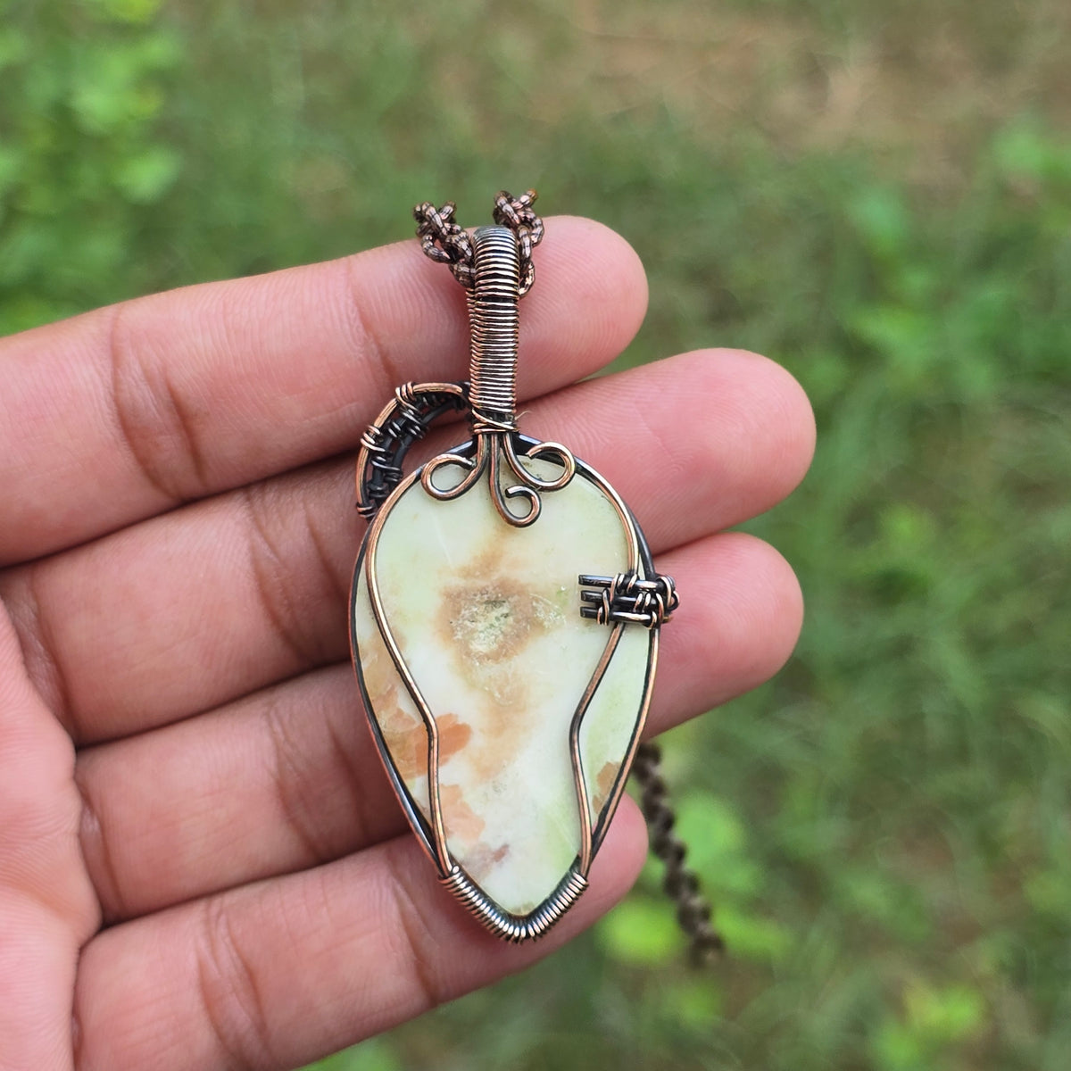 Scolecite  Gemstone Handmade Copper Wire Wrap Chain Pendant 2.55" Sunkarton