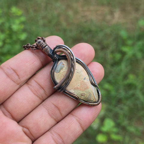Leopard Skin Jasper Gemstone Handmade Copper Wire Wrap Chain Pendant 2.55