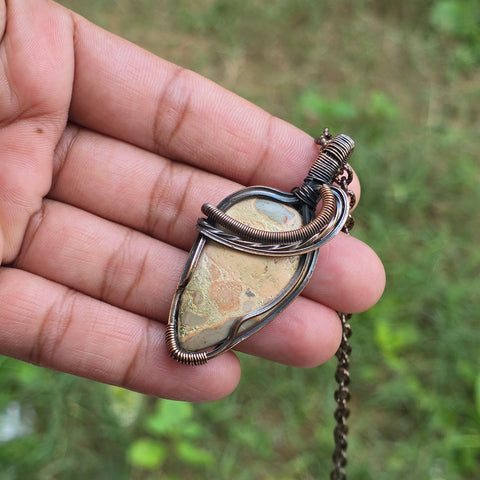 Leopard Skin Jasper Gemstone Handmade Copper Wire Wrap Chain Pendant 2.55