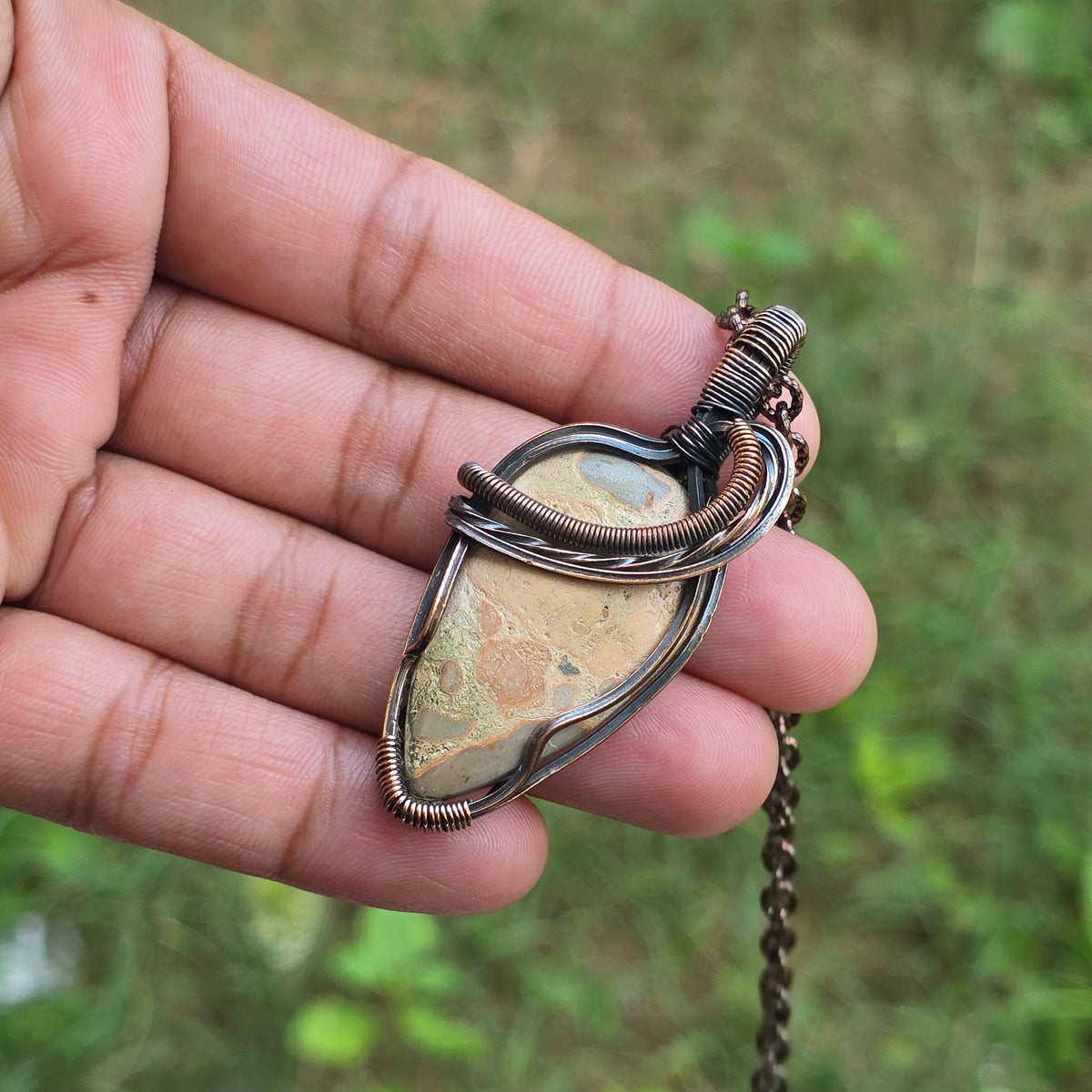 Leopard Skin Jasper Gemstone Handmade Copper Wire Wrap Chain Pendant 2.55" Sunkarton