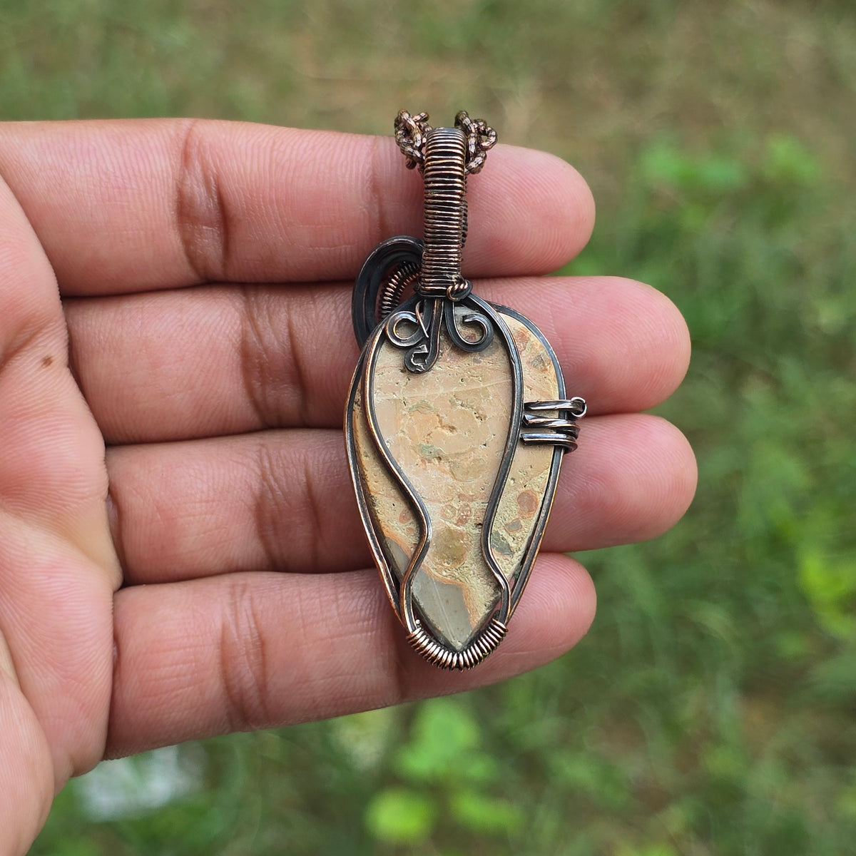 Leopard Skin Jasper Gemstone Handmade Copper Wire Wrap Chain Pendant 2.55" Sunkarton