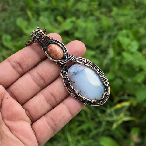 Dendrite Opal Gemstone Handmade Copper Wire Wrap Chain Pendant 3.34