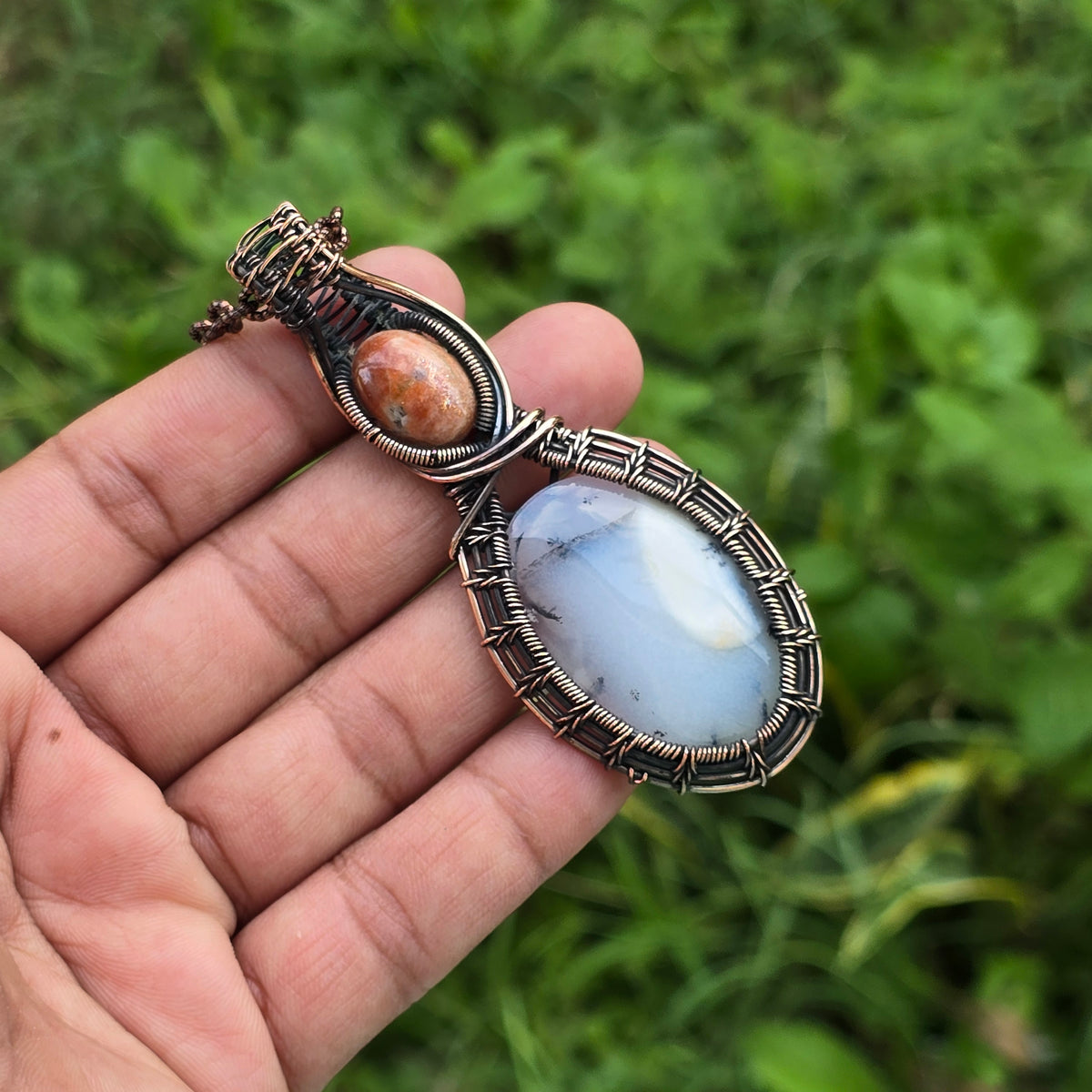 Dendrite Opal Gemstone Handmade Copper Wire Wrap Chain Pendant 3.34" Sunkarton