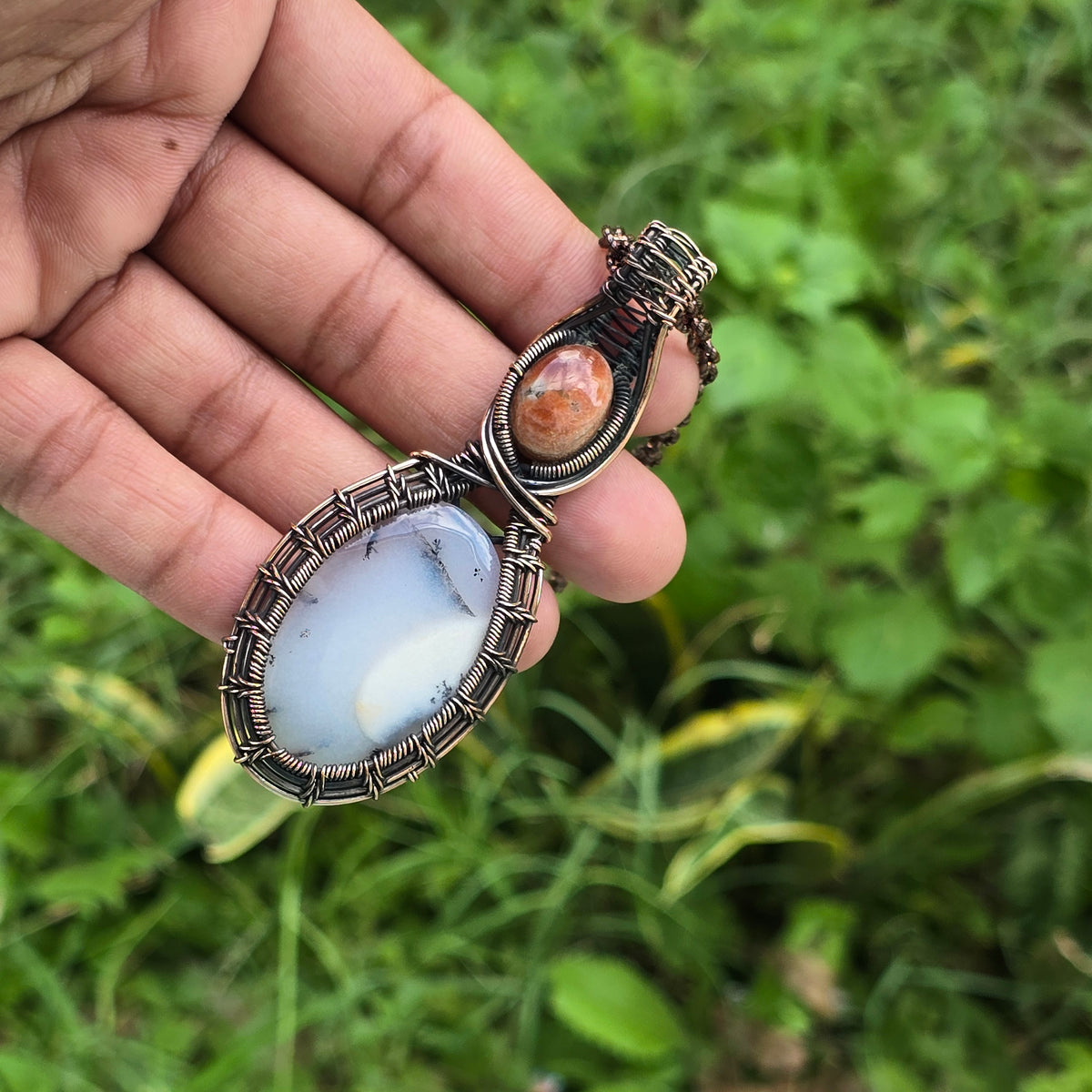 Dendrite Opal Gemstone Handmade Copper Wire Wrap Chain Pendant 3.34" Sunkarton