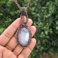 Dendrite Opal Gemstone Handmade Copper Wire Wrap Chain Pendant 3.34" Sunkarton