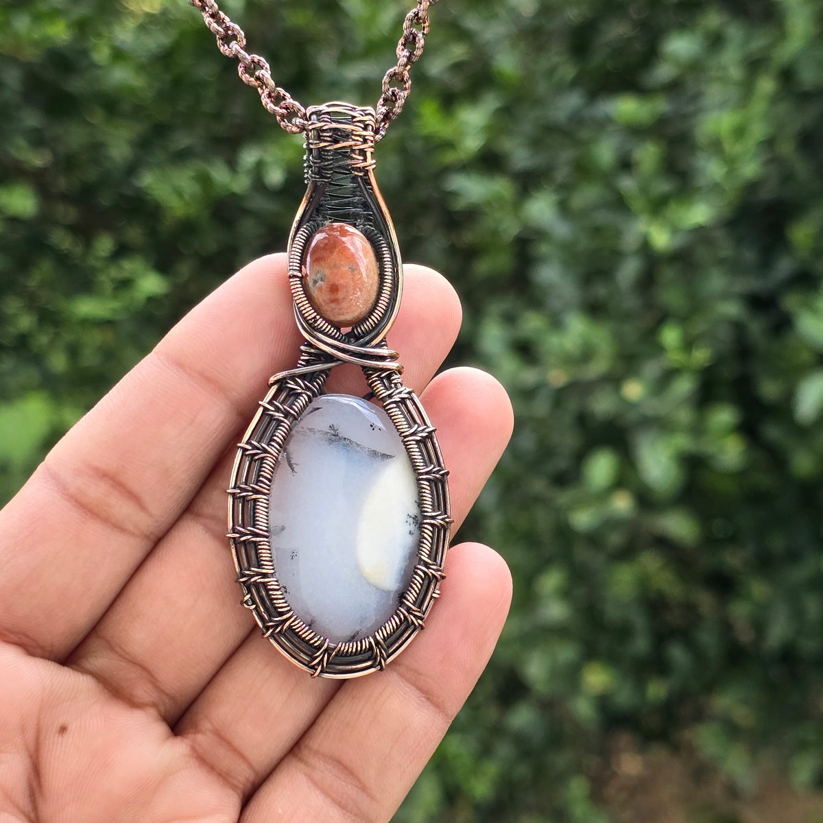 Dendrite Opal Gemstone Handmade Copper Wire Wrap Chain Pendant 3.34" Sunkarton