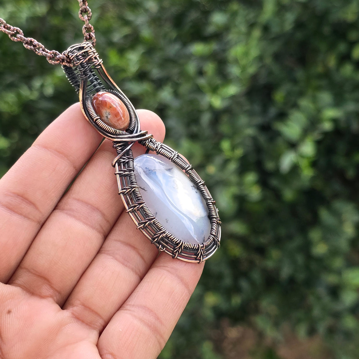 Dendrite Opal Gemstone Handmade Copper Wire Wrap Chain Pendant 3.34" Sunkarton