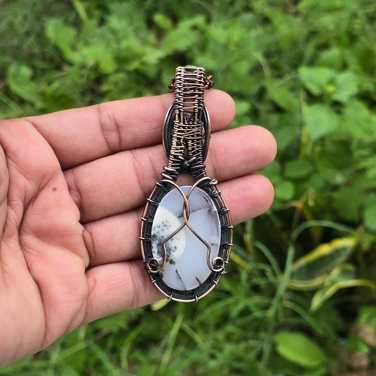 Dendrite Opal Gemstone Handmade Copper Wire Wrap Chain Pendant 3.34" Sunkarton