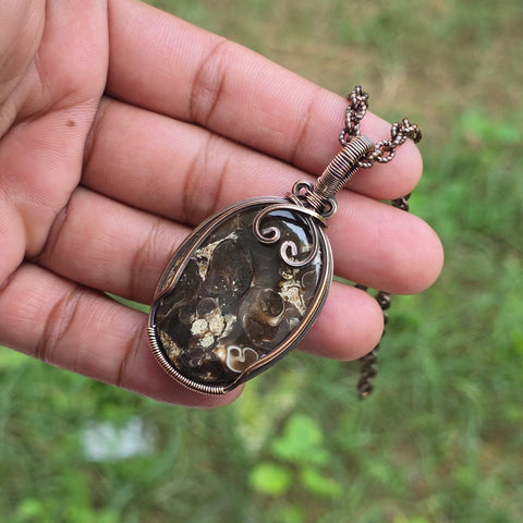 Tutella Jasper Gemstone Handmade Copper Wire Wrap Chain Pendant 2.55