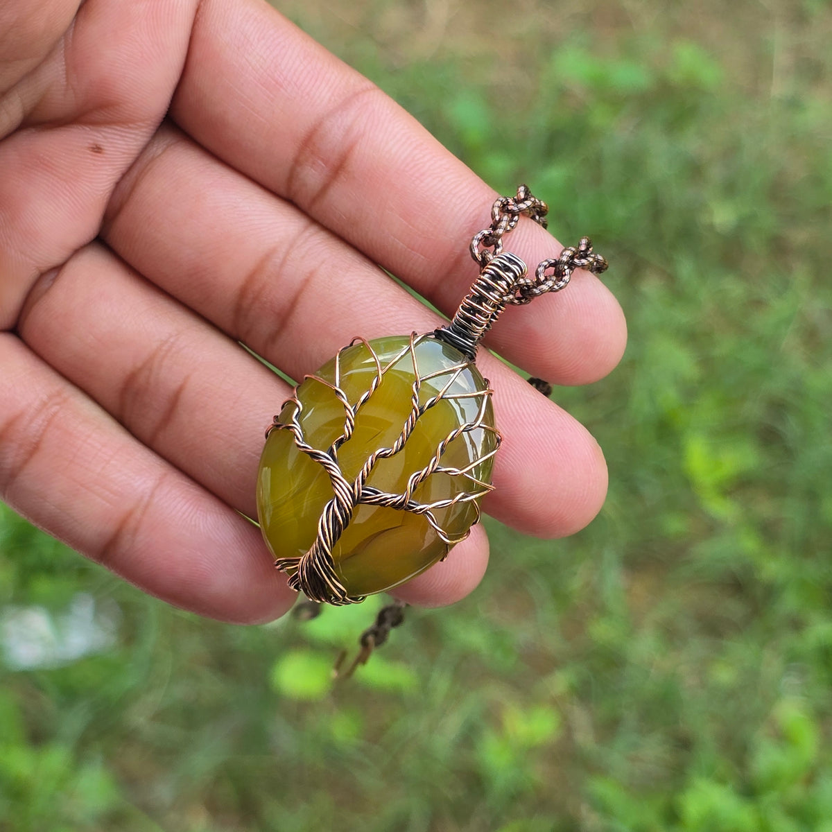 Onyx Gemstone Handmade Copper Wire Wrap Chain Pendant 1.96" Sunkarton